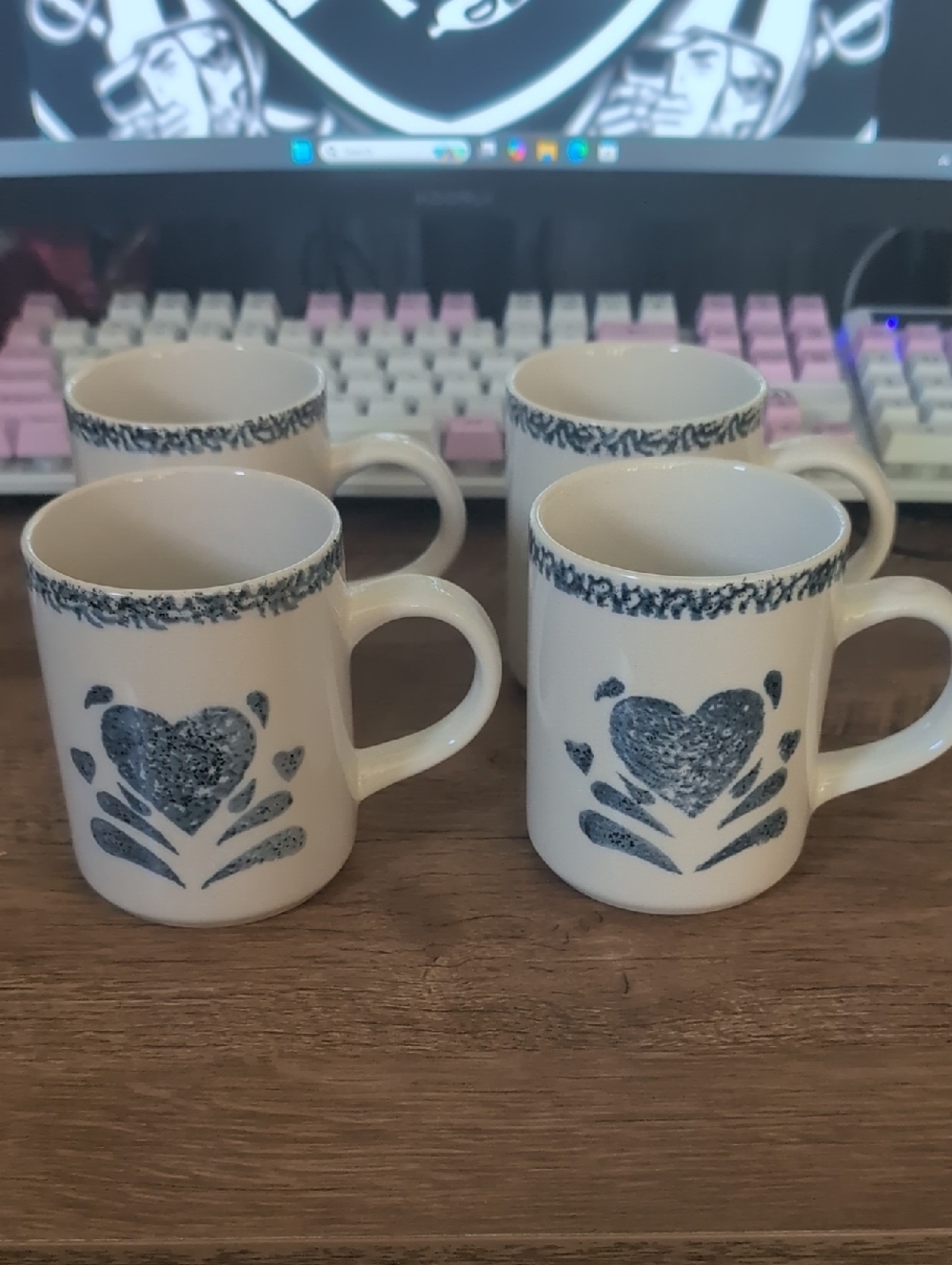 Gibson Everyday Blue Spongeware Heart Coffee Mugs - Set of 4 Vintage Stoneware